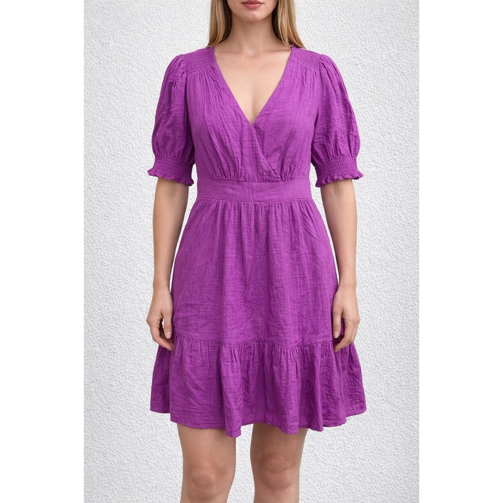 Boden Womens Purple‎ Textured V-Neck Puff Sleeve Tiered Mini Dress US 10R UK 14R
